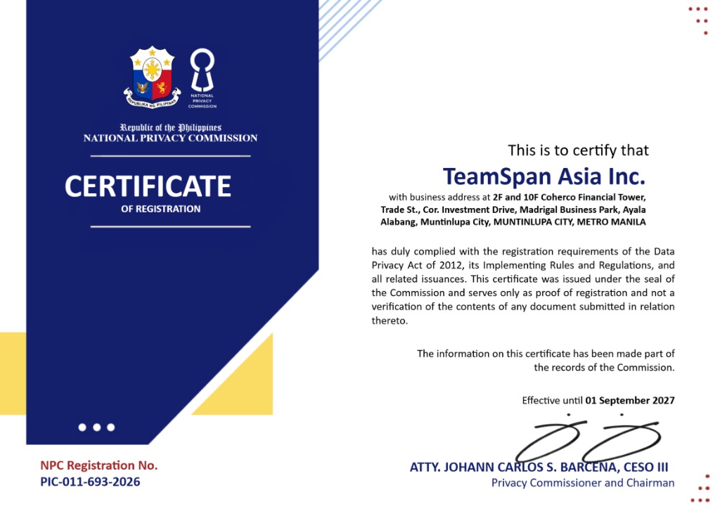 NPC Certificate of Registration for TeamSpan Asia Inc., Registration No. PIC-011-693-2026, valid until 01 September 2027